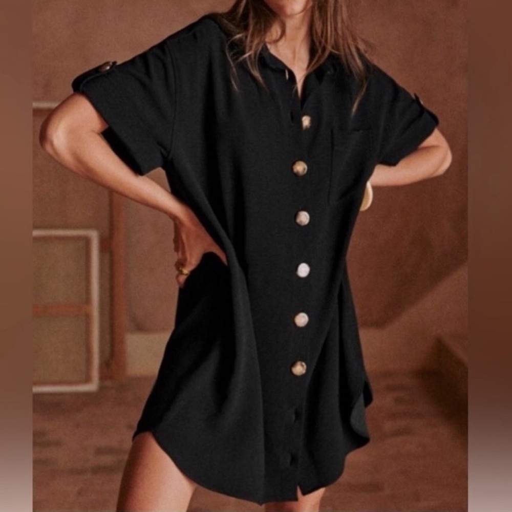 Sézane Black Button-Front Shirt Dress with Gold Buttons